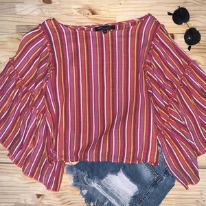 •small•pink/red striped top w bell bottom sleeves